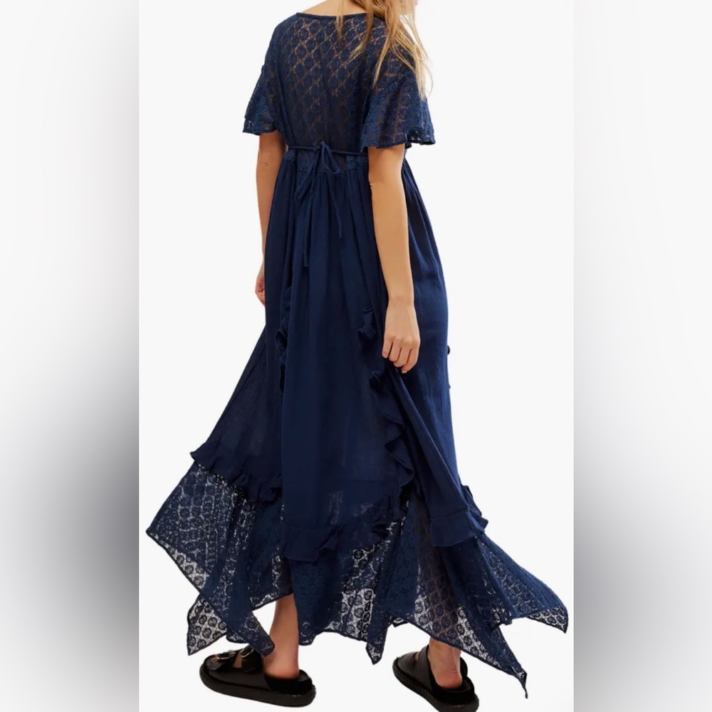 Free People Bring the Romance Handkerchief Hem Lace Maxi Dress in Navy Blue - S - Picture 2 of 13